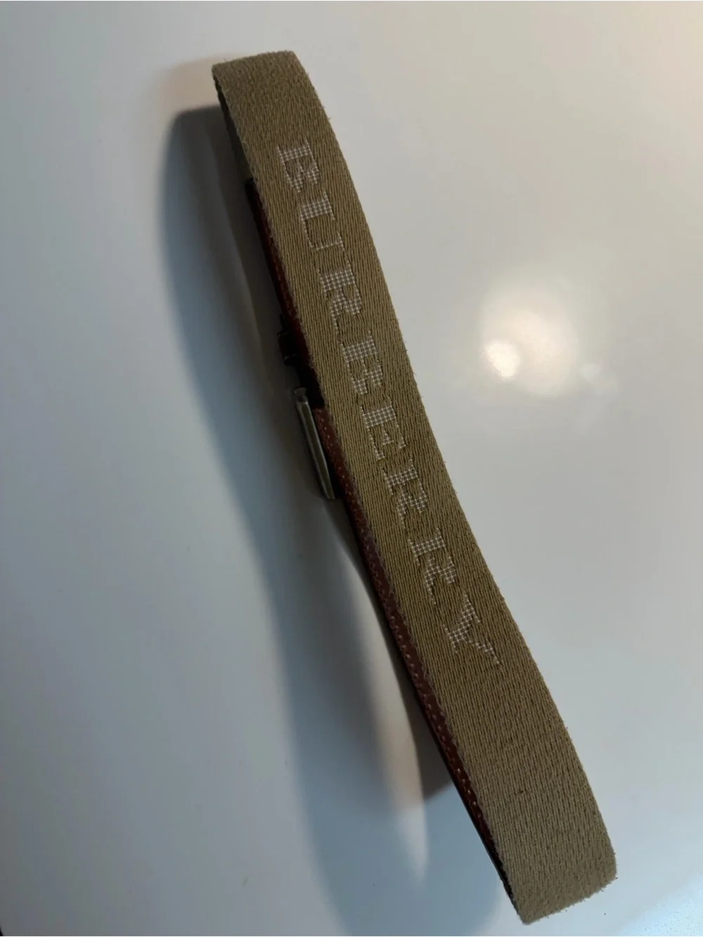 Burberry Brown Leather Belt with Tan Canvas Tip and Silver Buckle